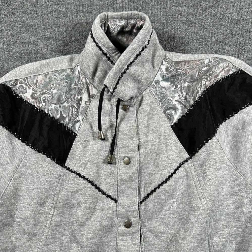 Current Seen Jacket Womens Size L Gray Damask Trim Snap Front Mock Neck Casual